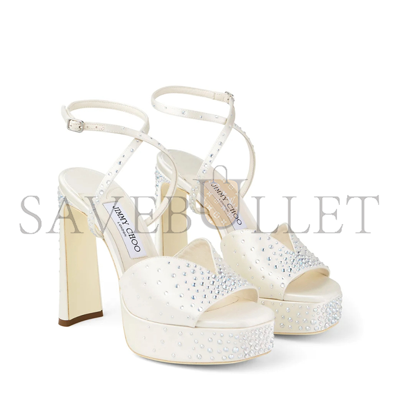 JIMMY CHOO KARLI PLATFORM 125 IVORY SATIN CRYSTAL PLATFORM SANDALS KARLIPF125BRZ